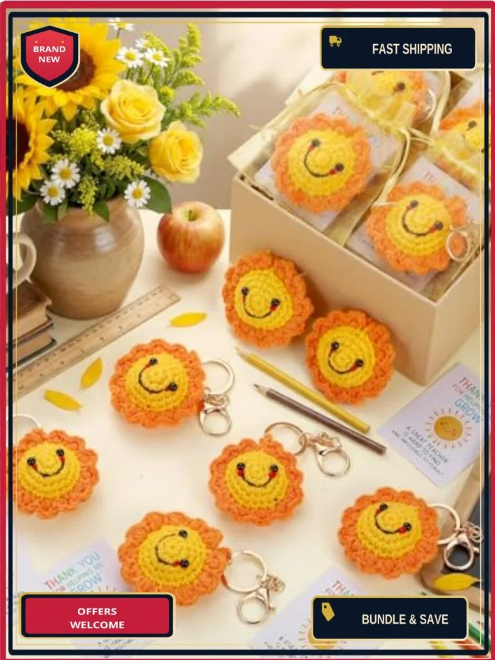 Handmade Crochet Sunflower Keychain Set for Teachers Thank You Gift with Cards